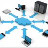 Image of Blue Cloud with arrows going to and from many devices like server, tablet, laptop, phone, desktop, etc. representing Public cloud